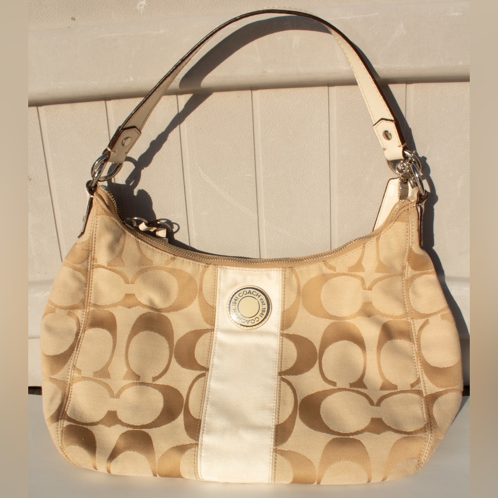 Authentic Coach Tan and Cream Monogram Shoulder Bag